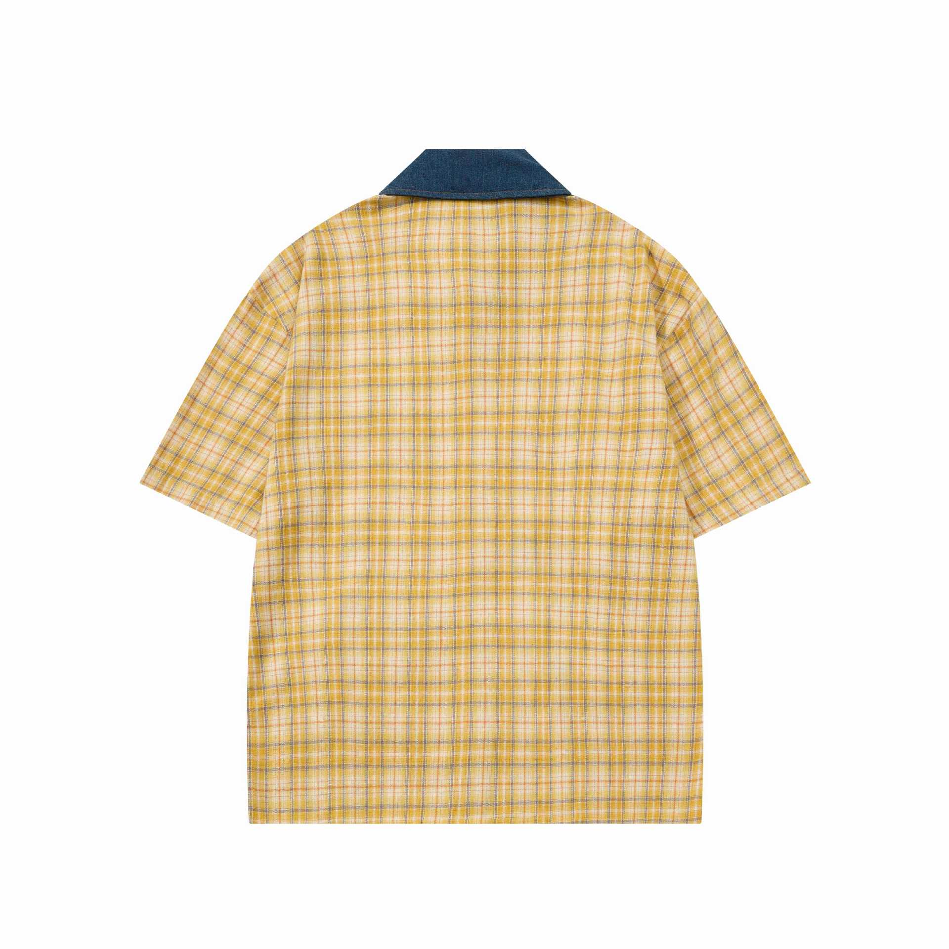 Cat Embroidered Yellow Grid Short Sleeve