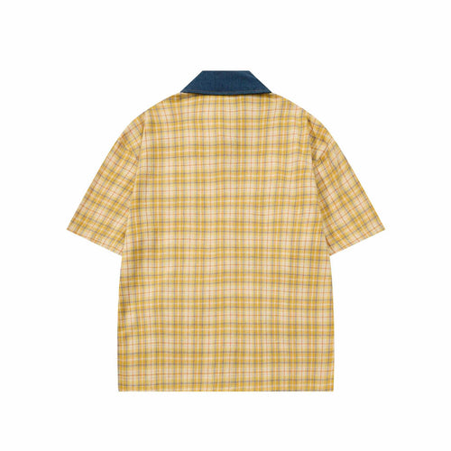 Cat Embroidered Yellow Grid Short Sleeve