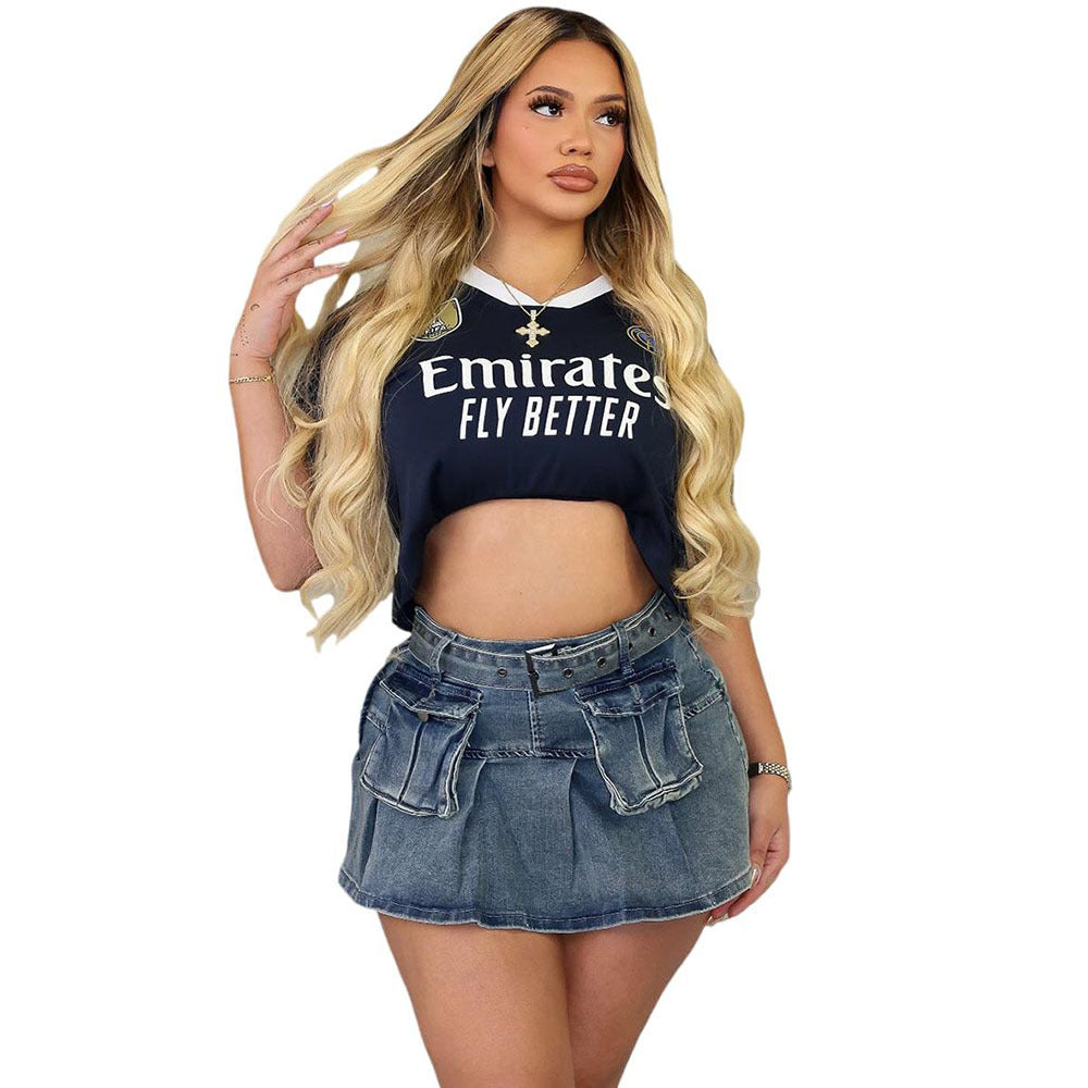 Mini jupe jean taille haute volantée multi-poches femme
