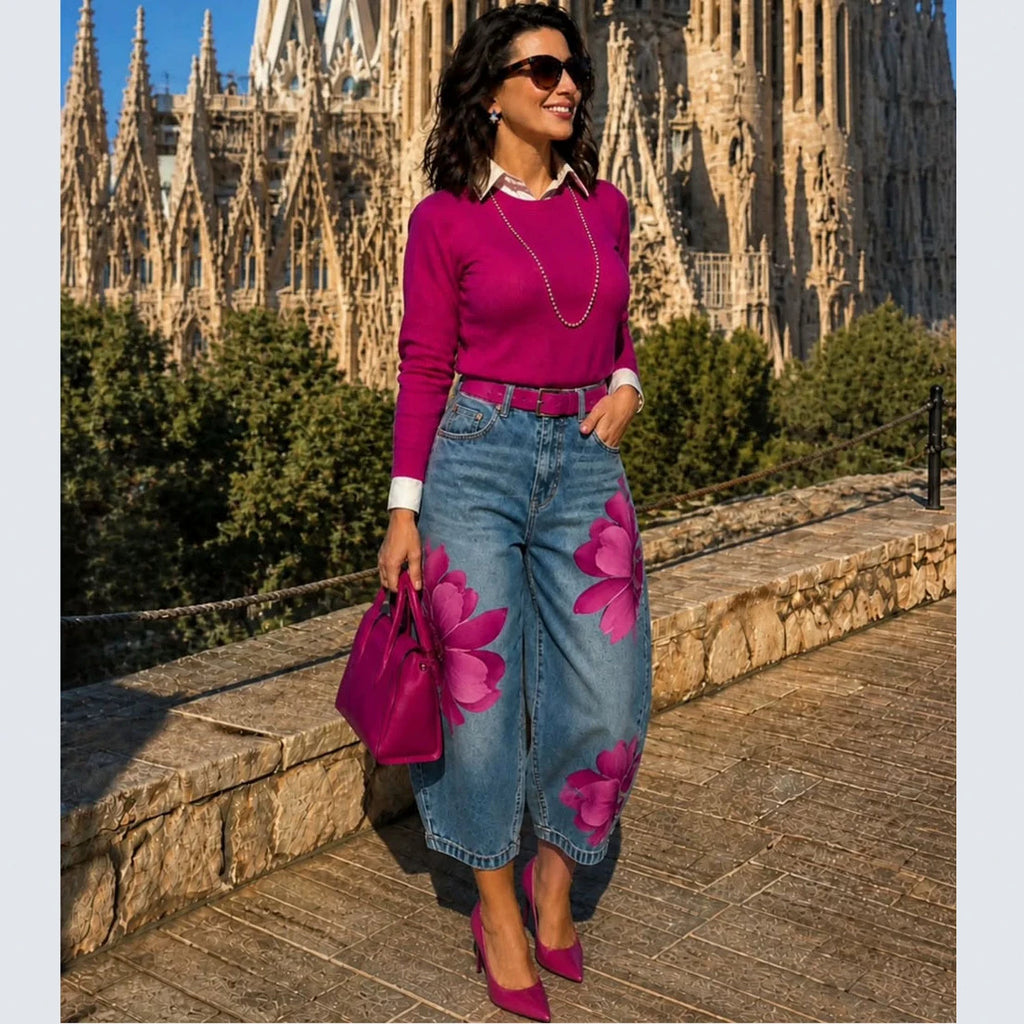 Women's Floral Denim Pants Street Style Printed Design Cropped Jeans