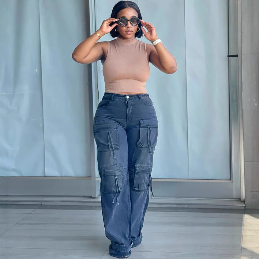 High-Waisted Women's Denim Pants, Fashionable Straight Leg Cargo Casual Trousers