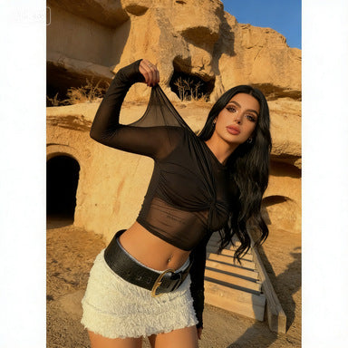 Round neck knot mesh splicing long sleeved top