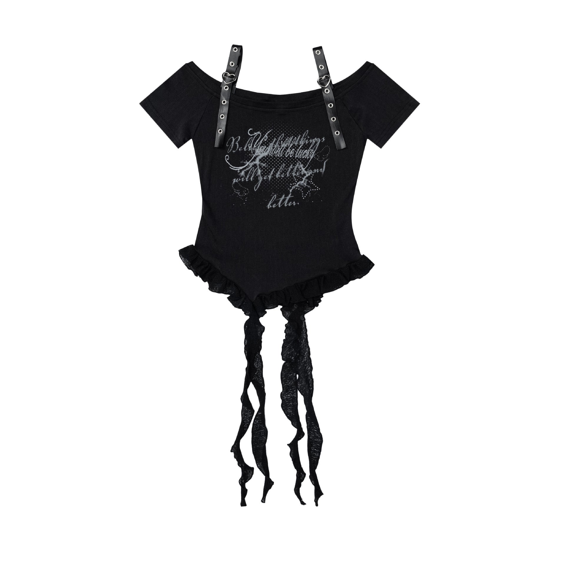 T-shirt épaule dénudée clous et imprimé lettres femme