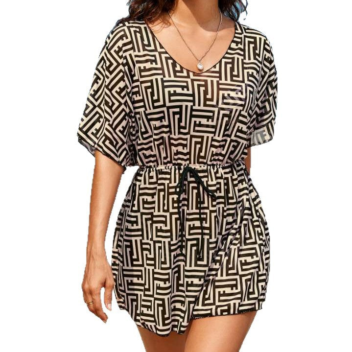 Geometric print V-neck waist cinching drawstring swimsuit