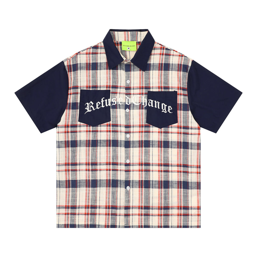 Alphabet Embroidered Checkered Splicing Short Sleeve