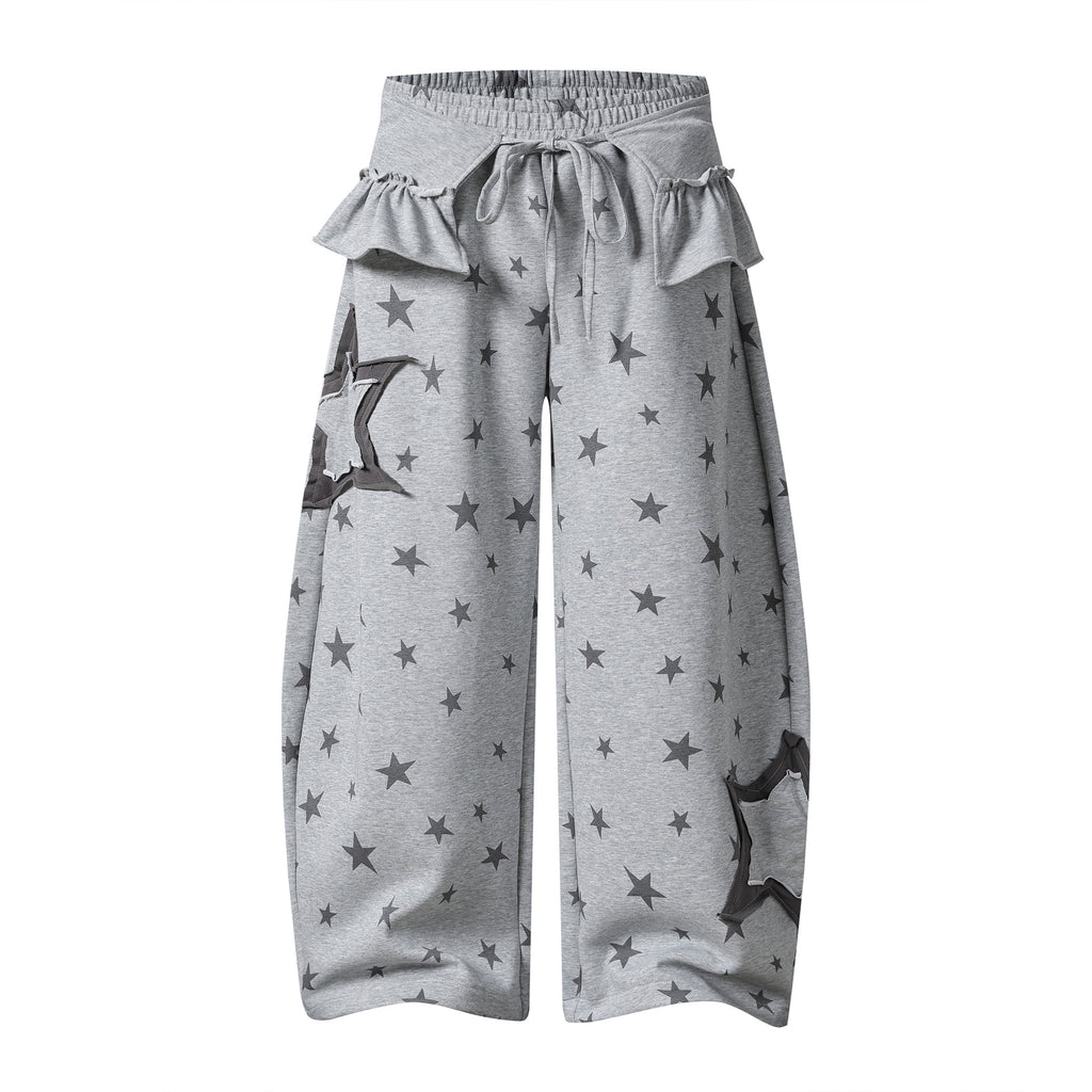 Design Leaf Hem Waist Star Print Sweatpants Loose Wide Leg Casual Long Pants