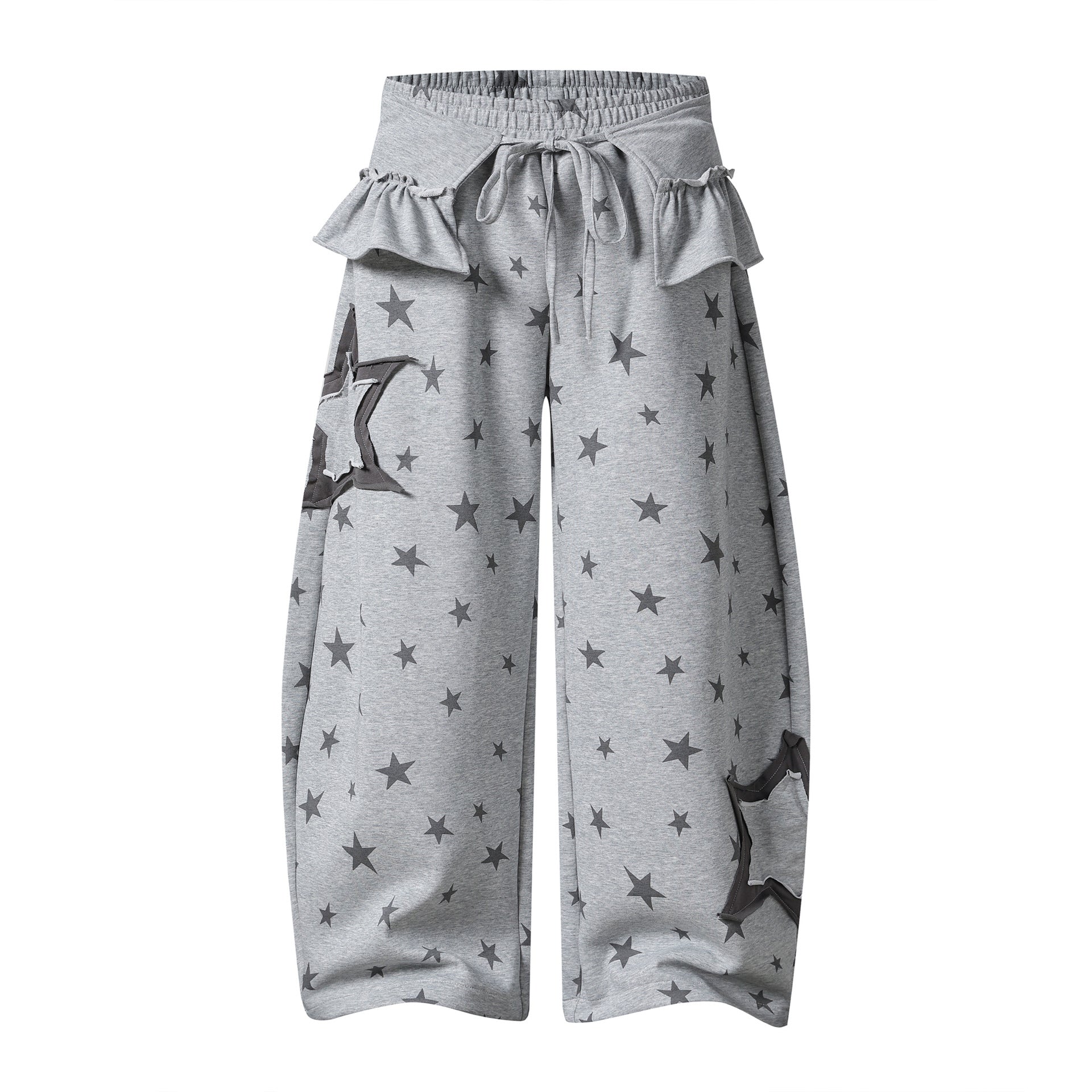 Design Leaf Hem Waist Star Print Sweatpants Loose Wide Leg Casual Long Pants
