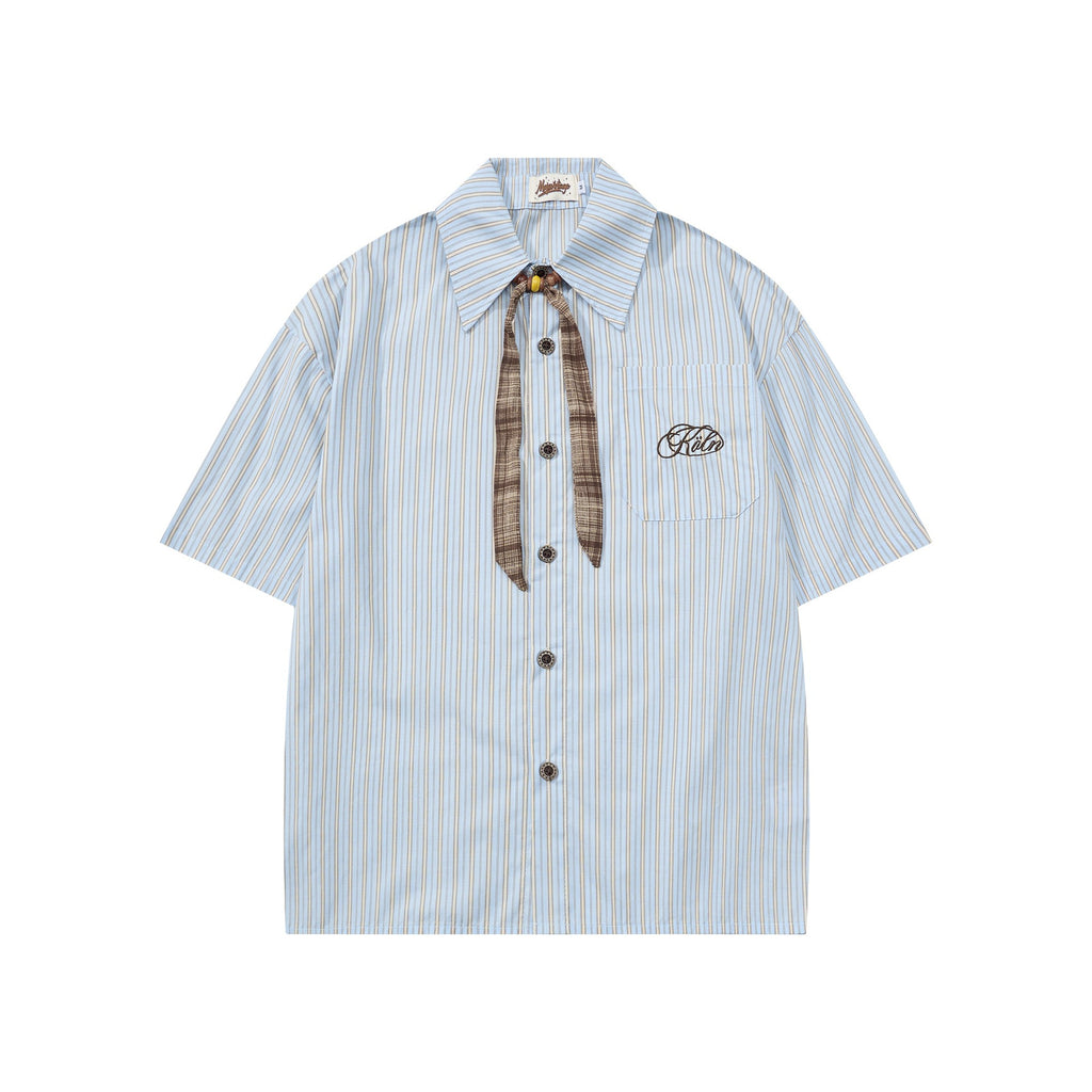 Plaid bow tie embroidered letter short sleeved shirt