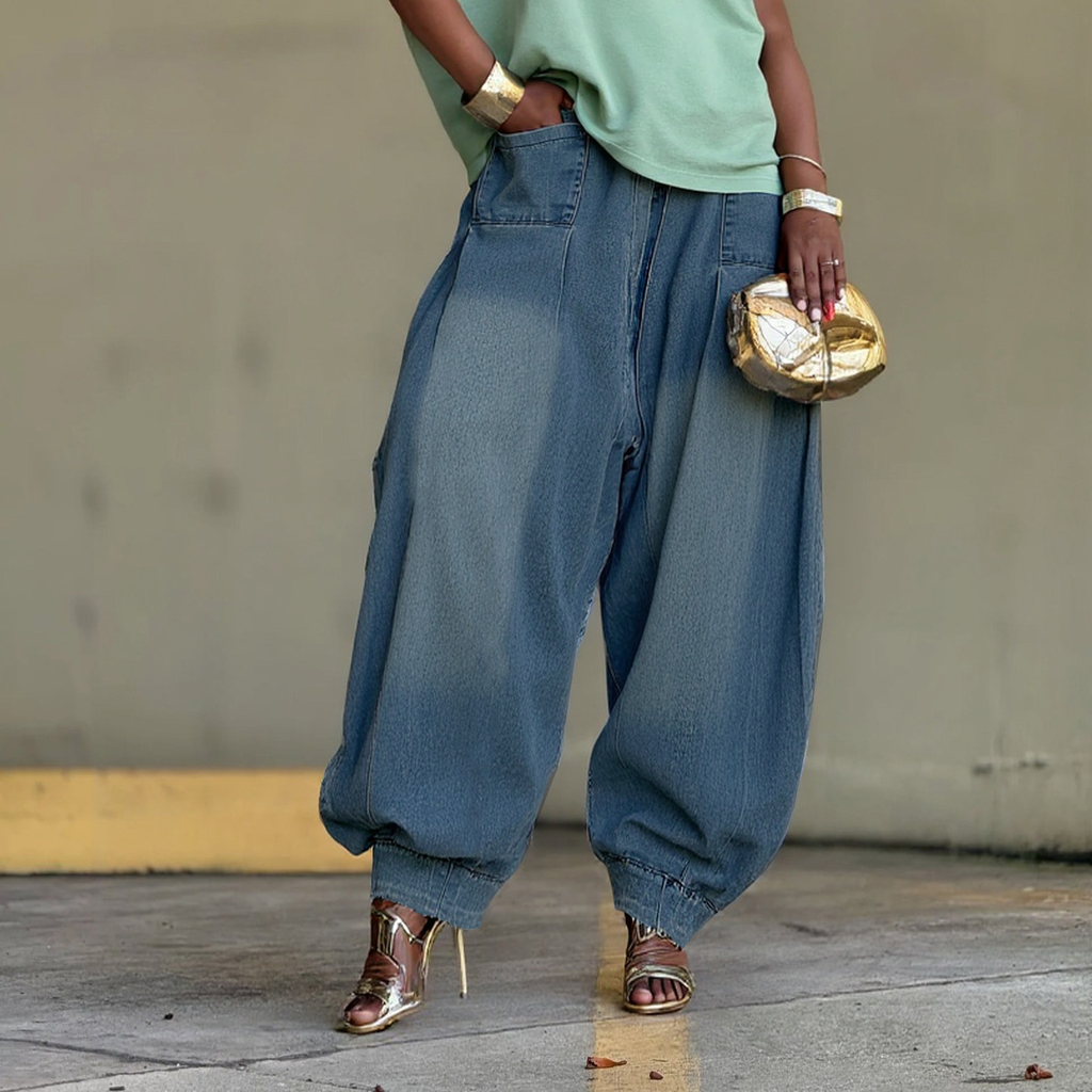 Casual Elastic Waist Harlan Wide Leg Lantern Denim Pants