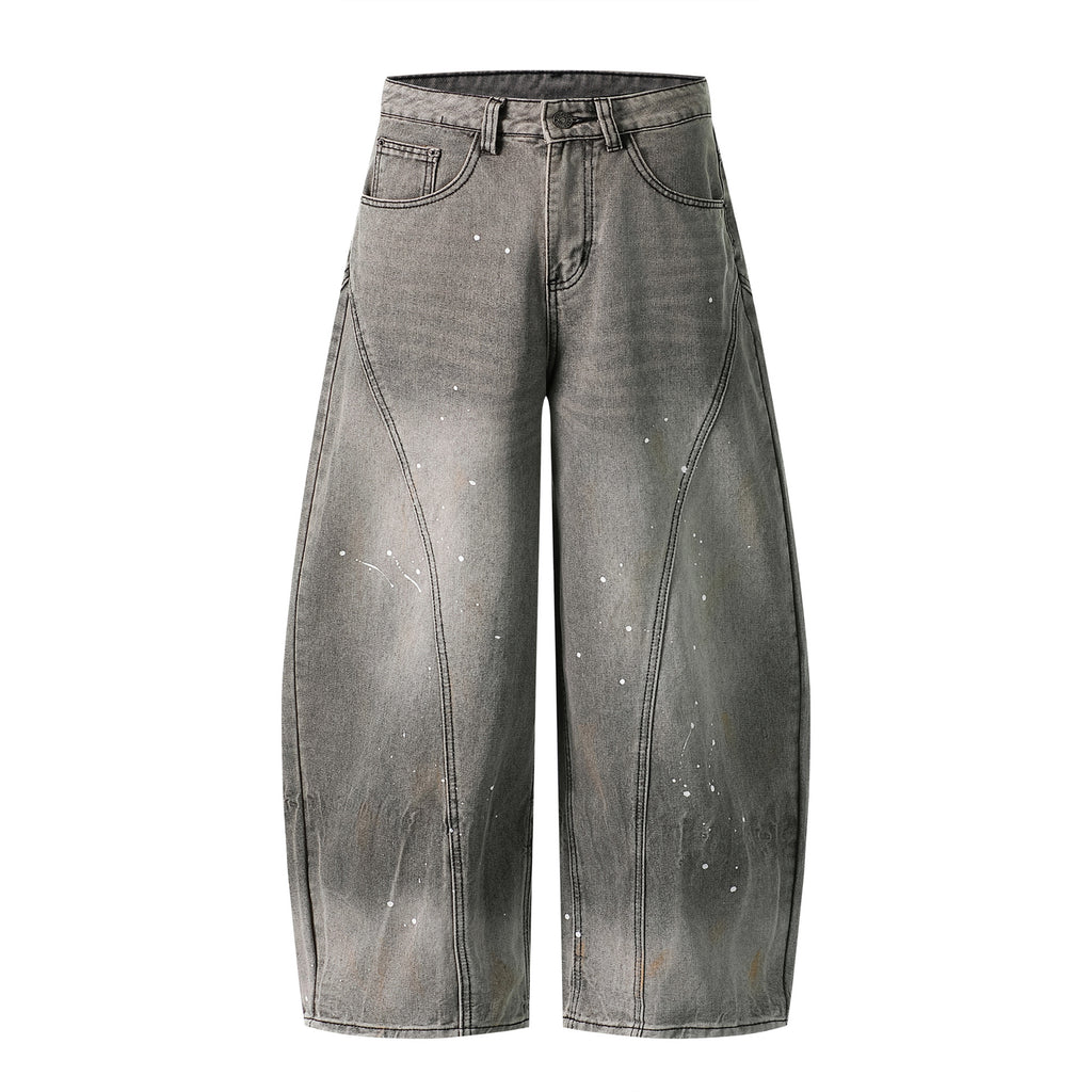 Heavy Wash Gradient Splatter Denim Pants Loose Wide Leg Patchwork Cut Versatile Long Pants