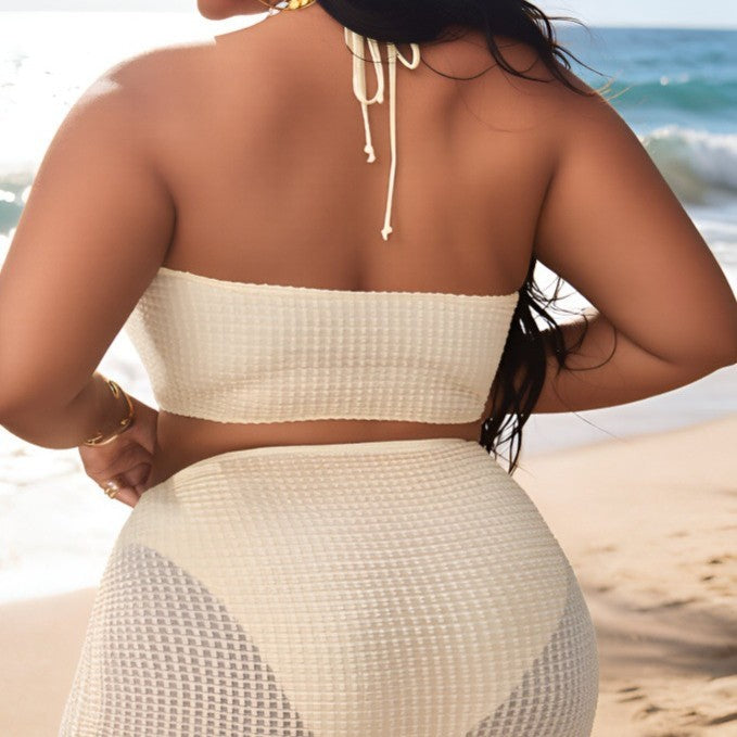 Cross neck sexy split bikini with cover skirt three piece set