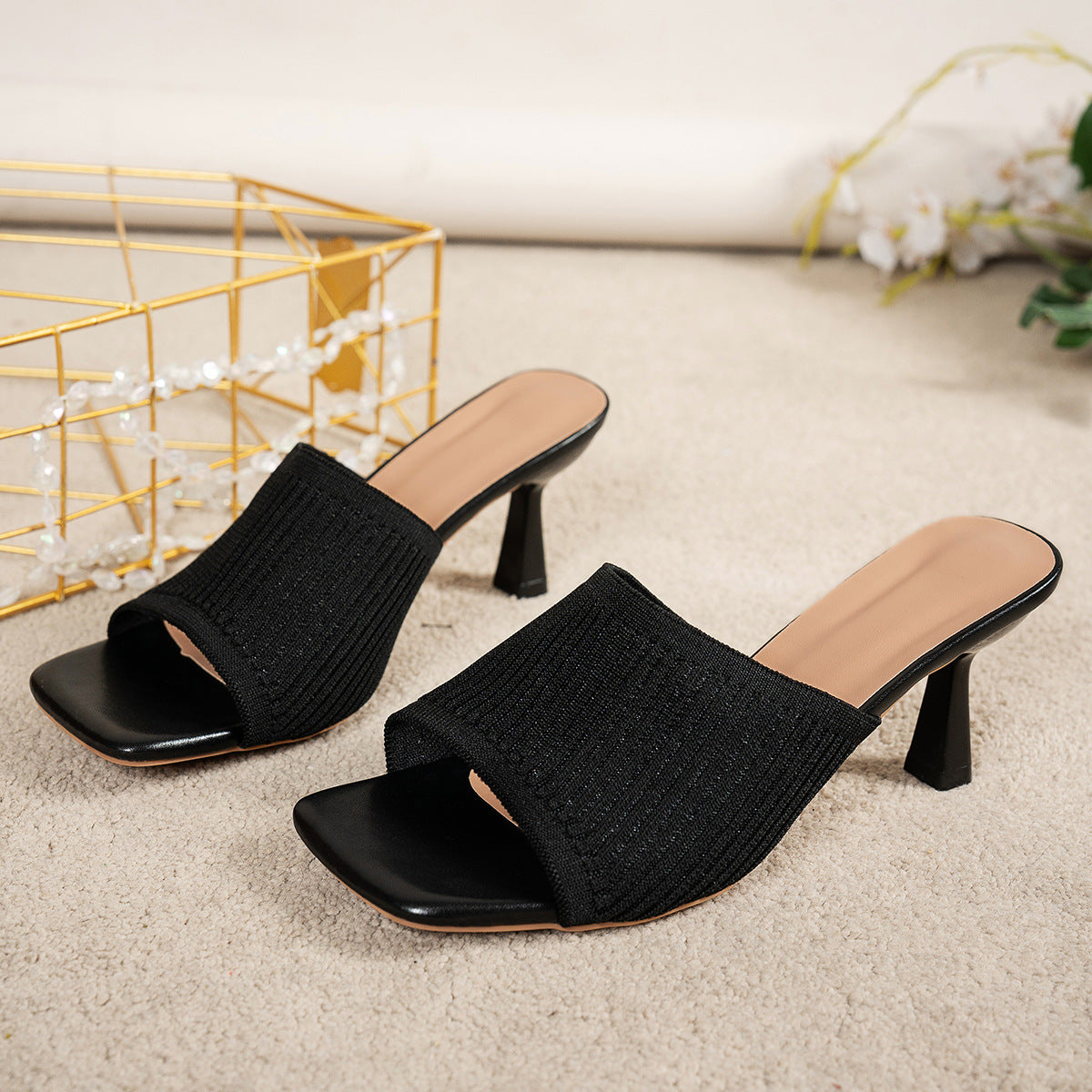 European and American Style Women's Large Size High Heel Sandals Pure Color Thick Heel Square Toe Knitted Wide Strap One-Word Sandals