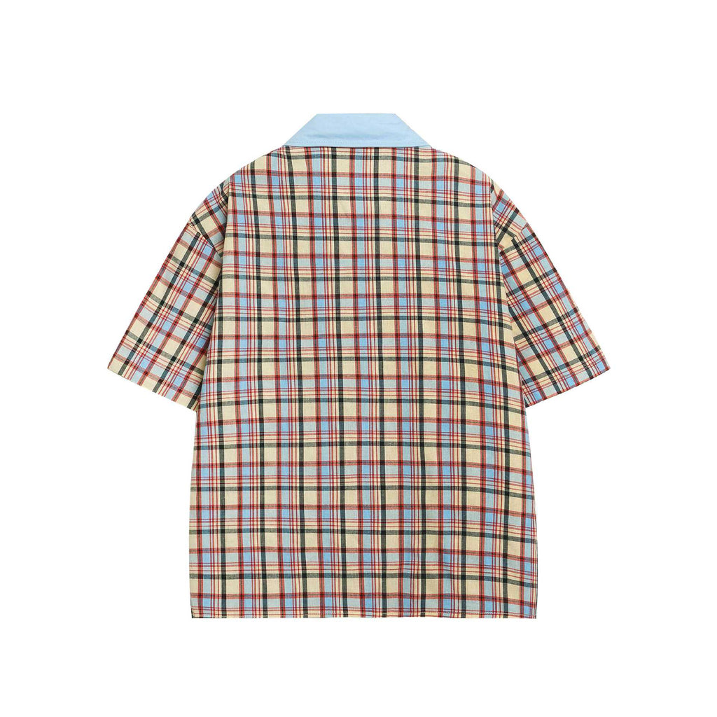 Cat embroidery plaid short sleeved shirt