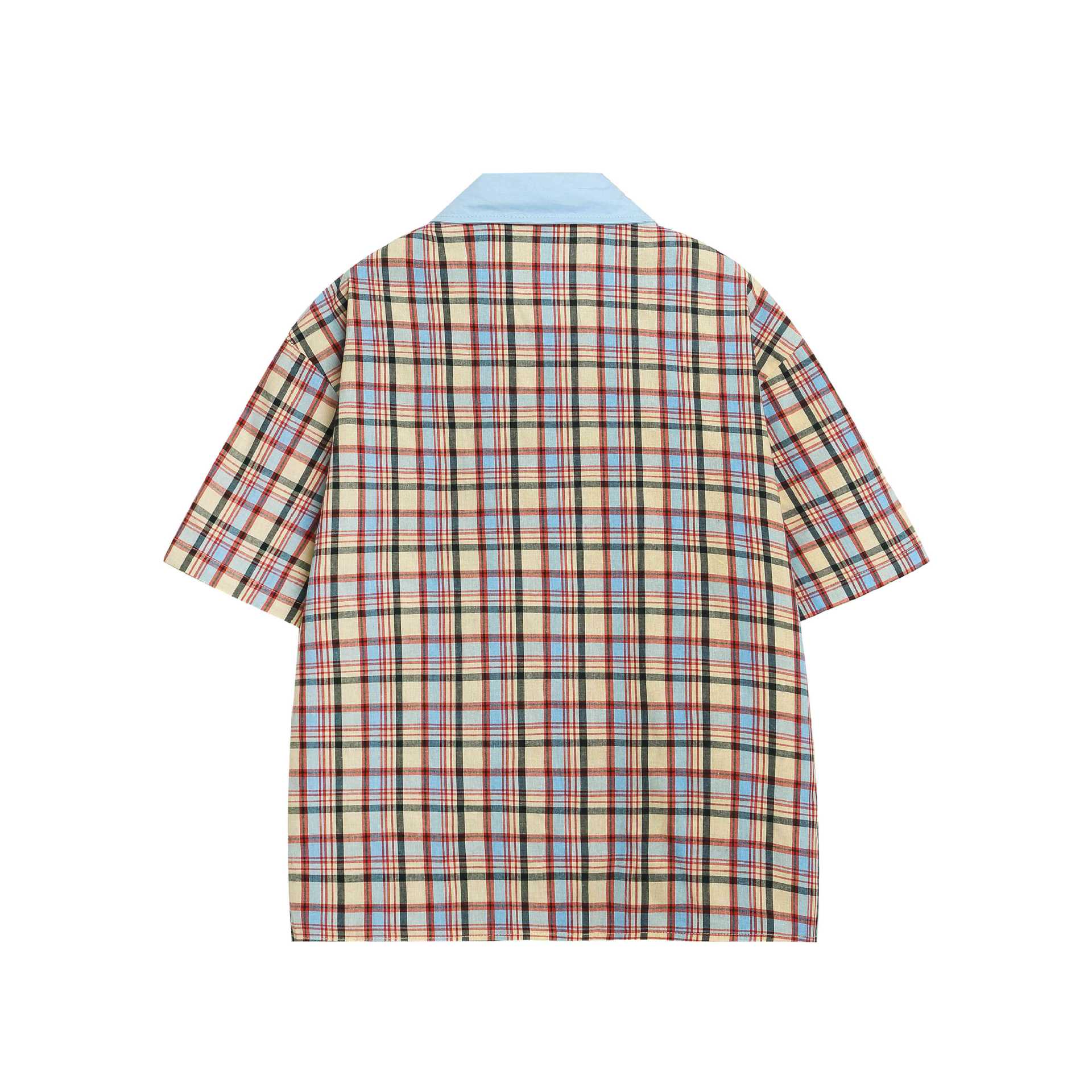 Cat embroidery plaid short sleeved shirt