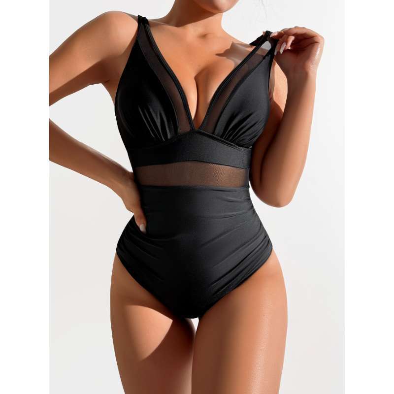 Deep V-mesh splicing one-piece swimsuit
