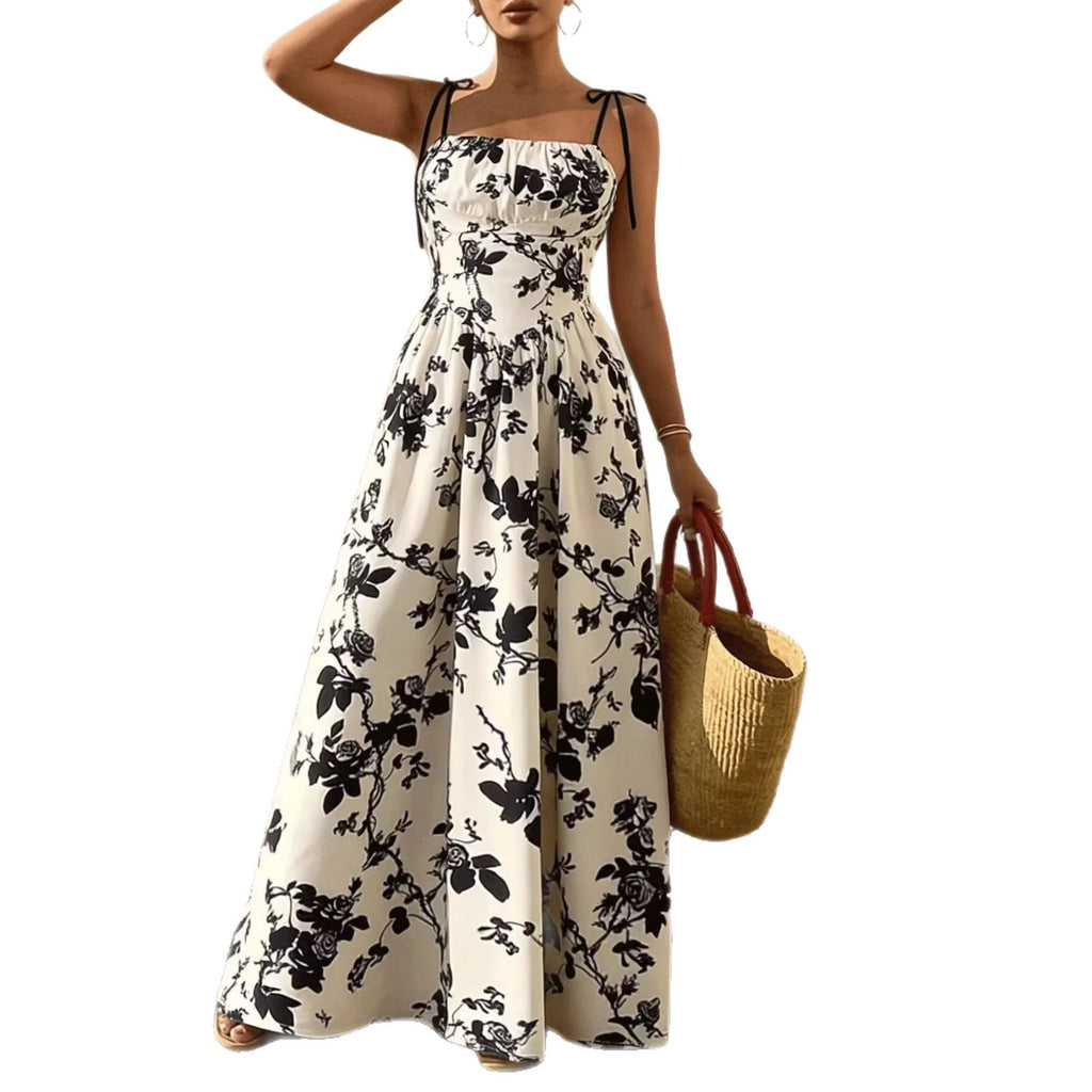 Robe swing bretelles fleurs taille cinée femme