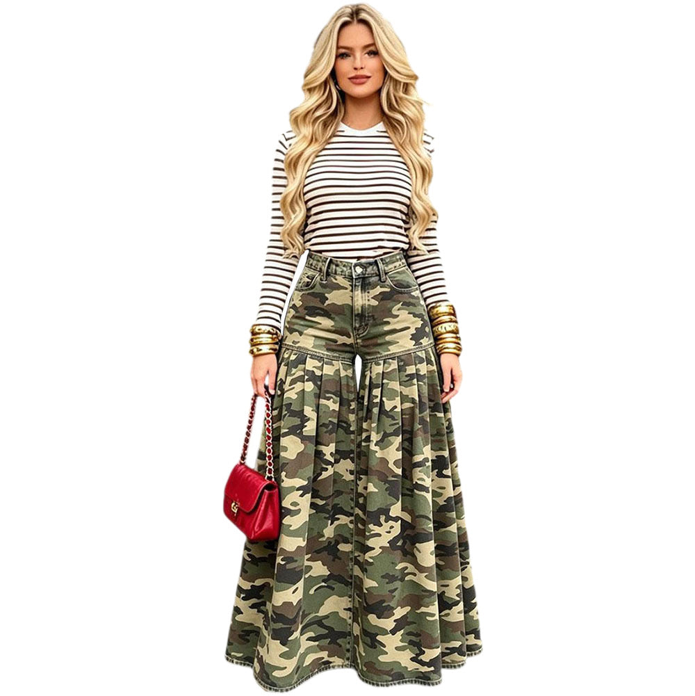 High-Waisted Camouflage Wide-Leg Jeans with Ruffle Pleats Fashionable Casual Pants for Women