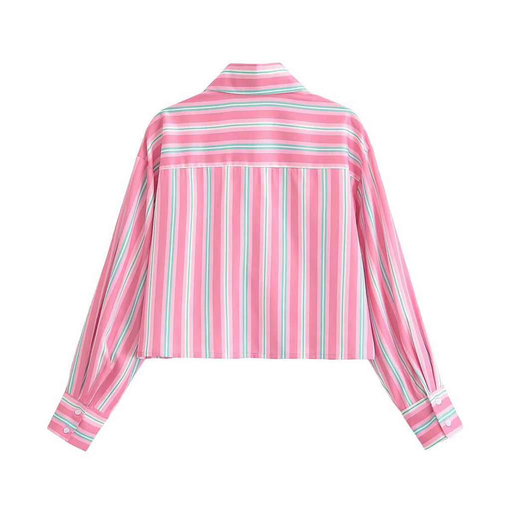 Chemise rose courte rayée détail dentelle femme