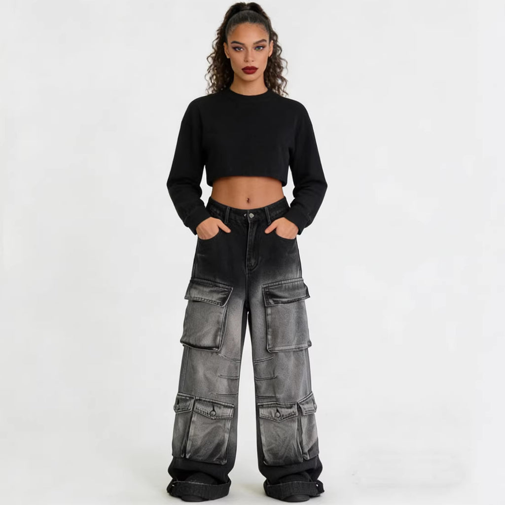 Women's Denim Cargo Pants Street Fashion Gradient Color Multi-Pocket Straight Leg Pants