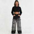 Women's Denim Cargo Pants Street Fashion Gradient Color Multi-Pocket Straight Leg Pants