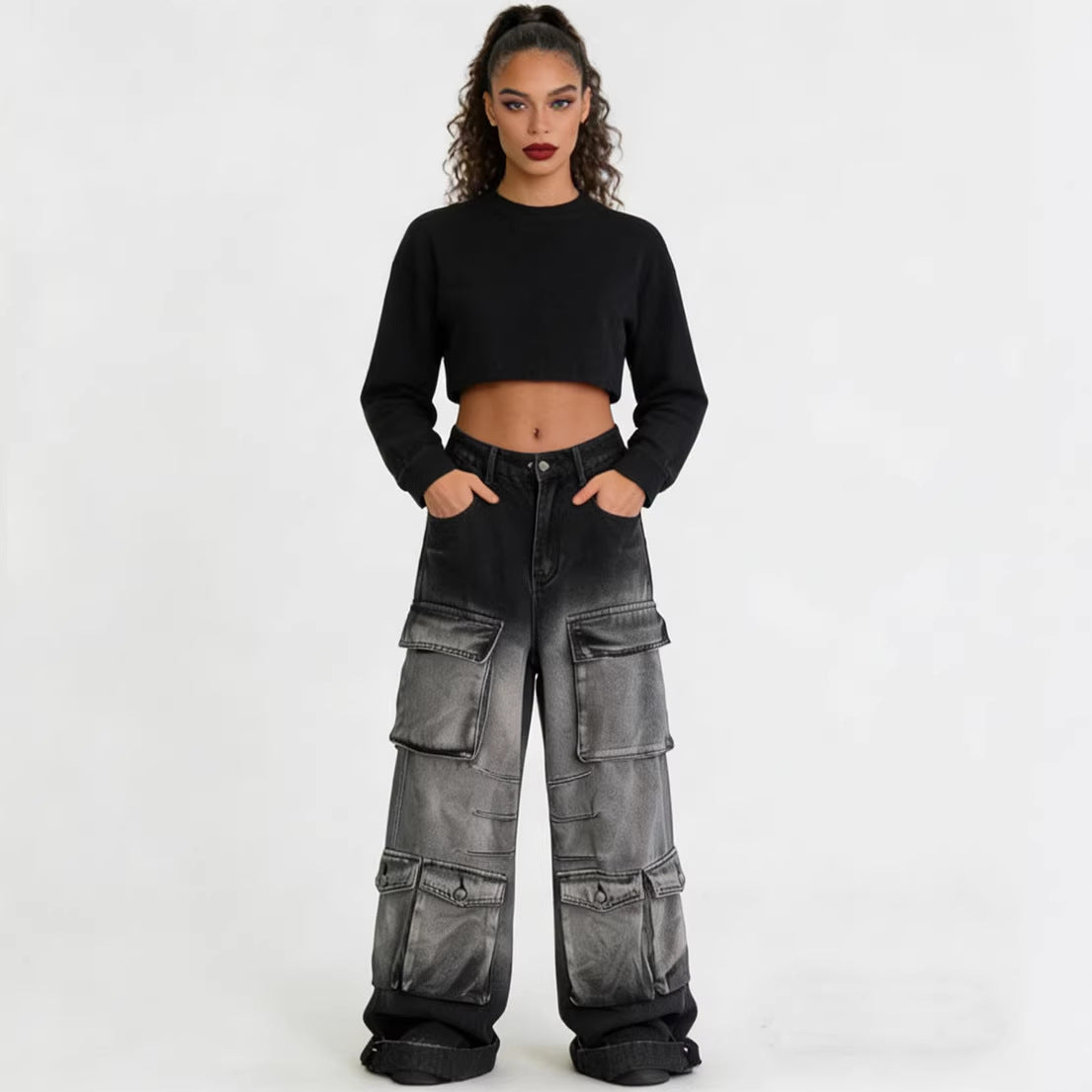 Women's Denim Cargo Pants Street Fashion Gradient Color Multi-Pocket Straight Leg Pants