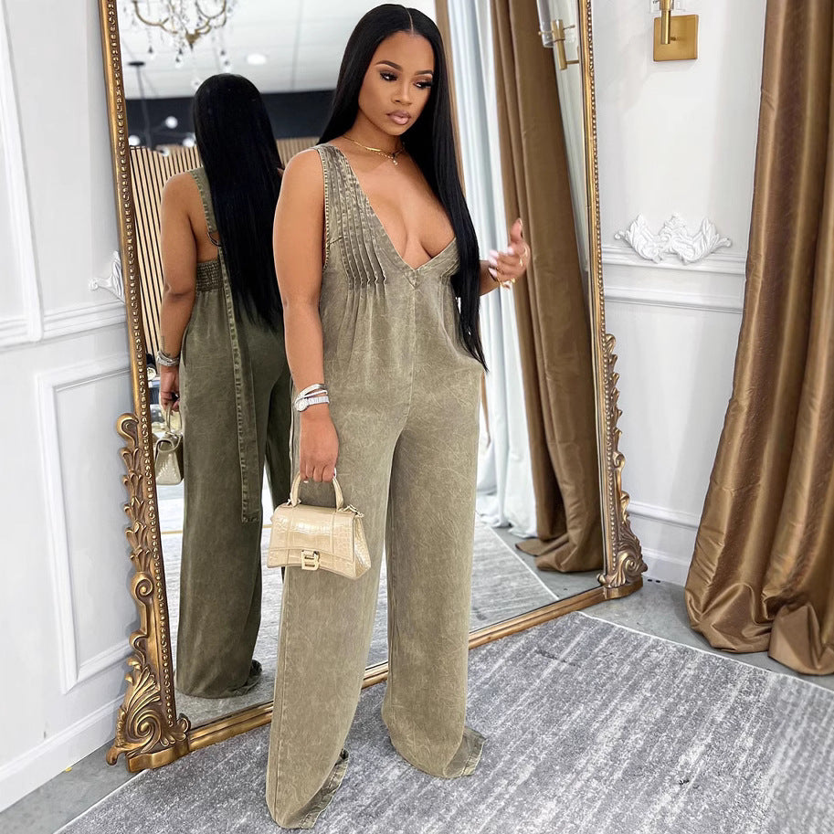 Women's Denim Jumpsuit - Solid Color Backless Sleeveless Loose Overall Dress