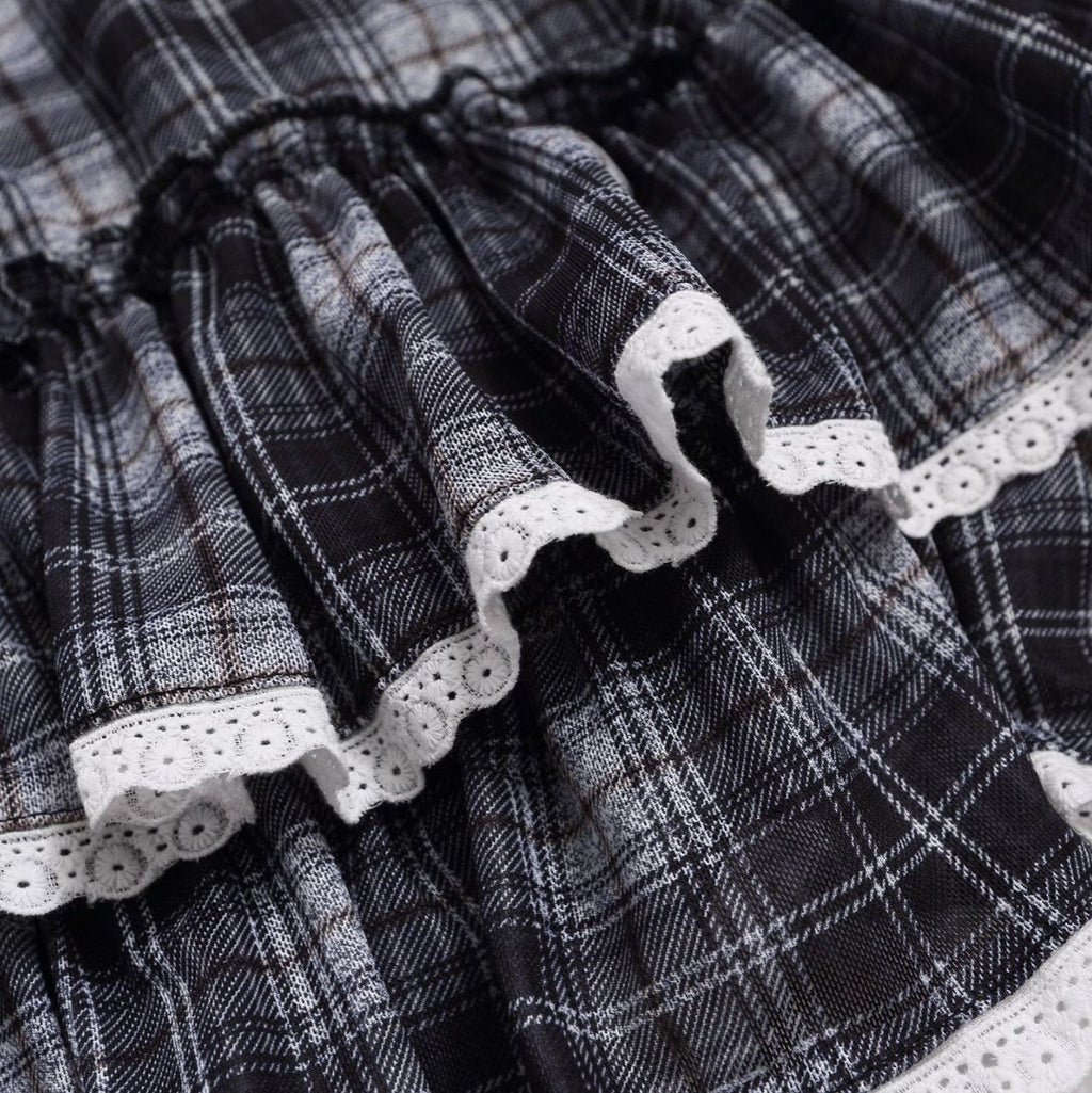 Black and White Checkered Multi-Layer Lace Skirt for Women, Side Tie Slimming Short Skirt