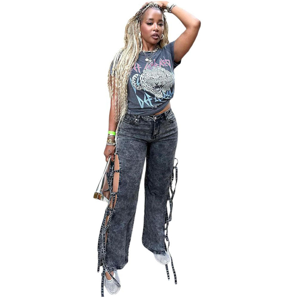 Jean western taille haute fente et lien femme