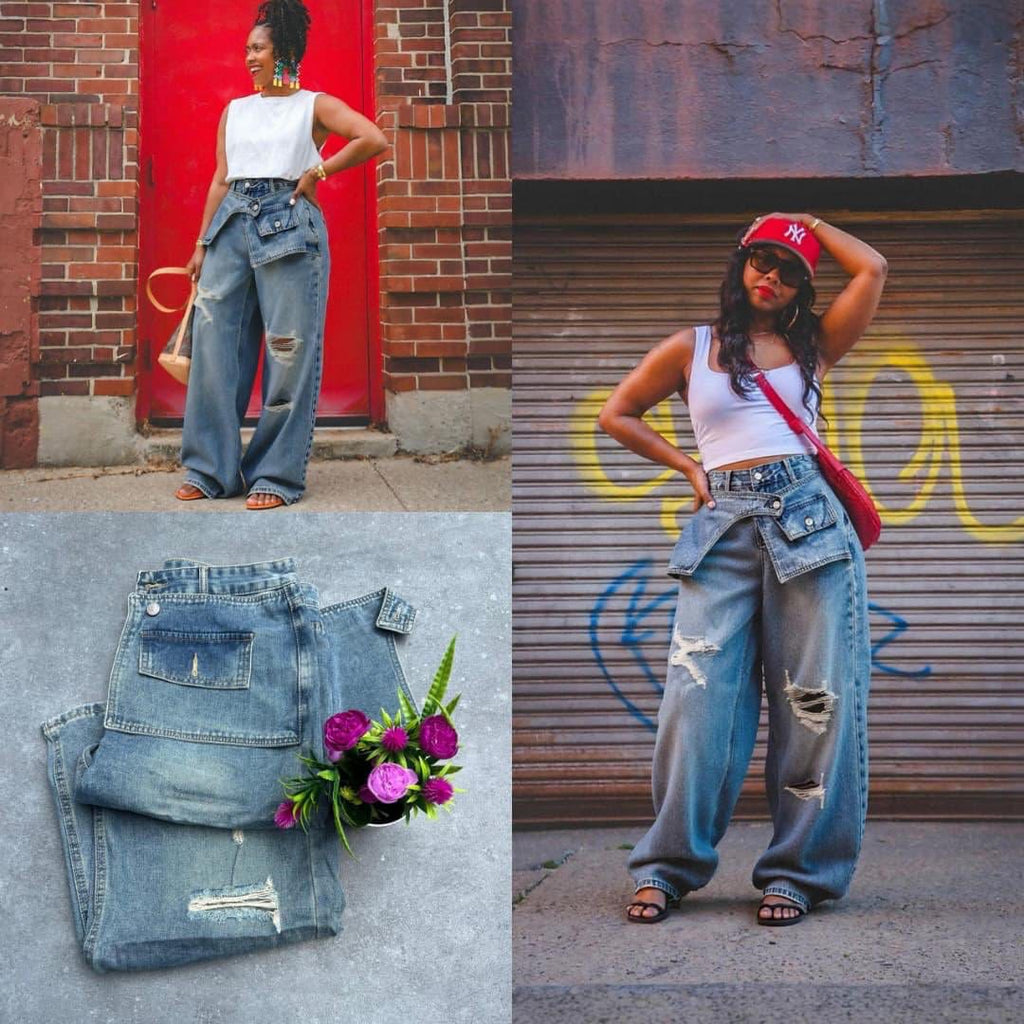 Jean droit superposé déchiré taille originale femme