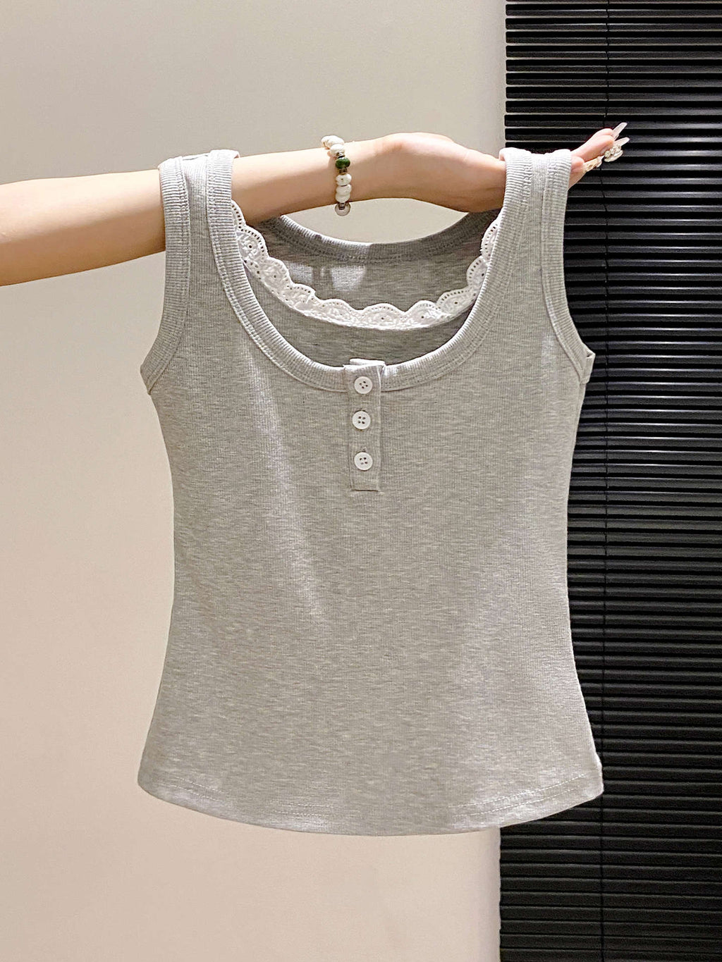 Gray Lace Buttoned Tank Top for Women
