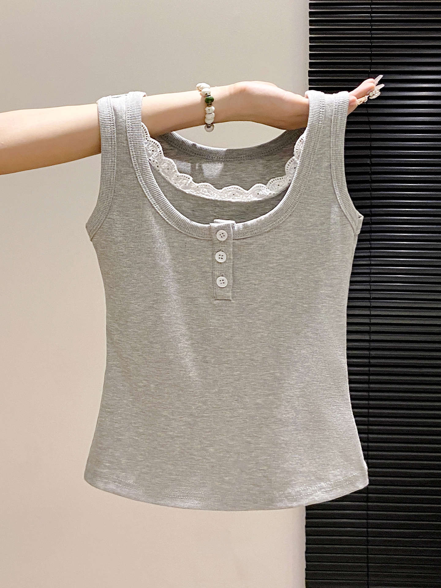 Gray Lace Buttoned Tank Top for Women