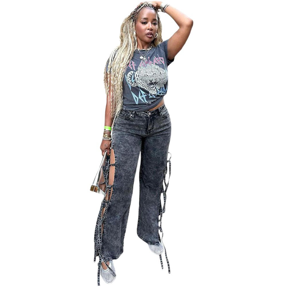 Jean western taille haute fente et lien femme