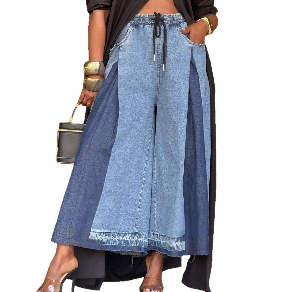 Jean large color-block élastique plissé crop femme