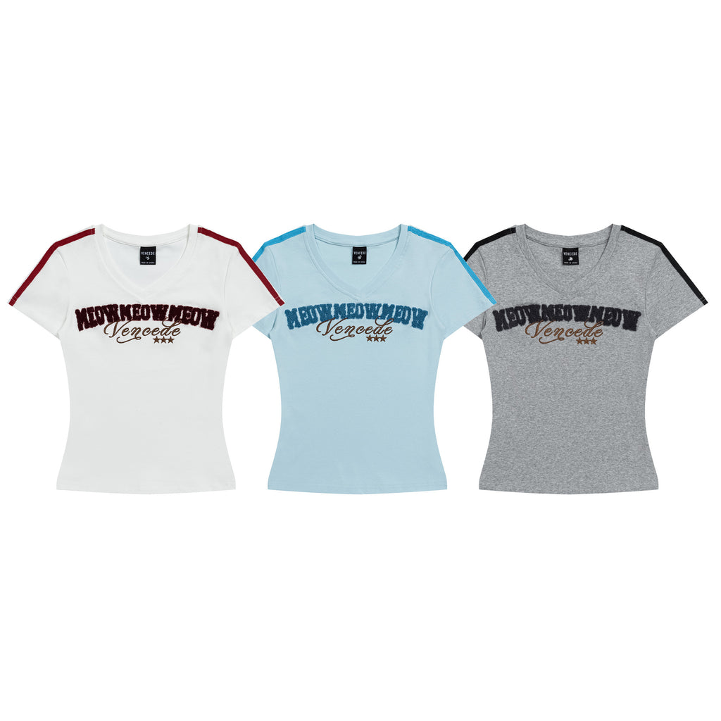 Towel Embroidery Letter V-Neck Short Sleeve T-Shirt for Women