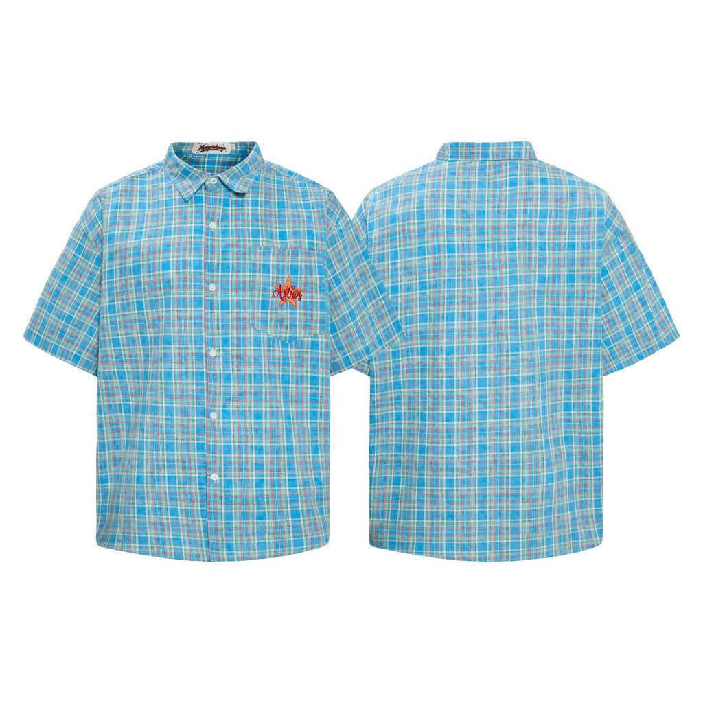 Grid patterned star embroidered short sleeved shirt