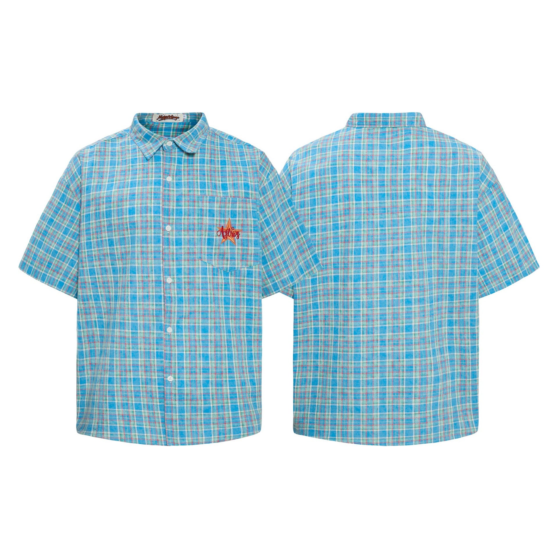 Grid patterned star embroidered short sleeved shirt