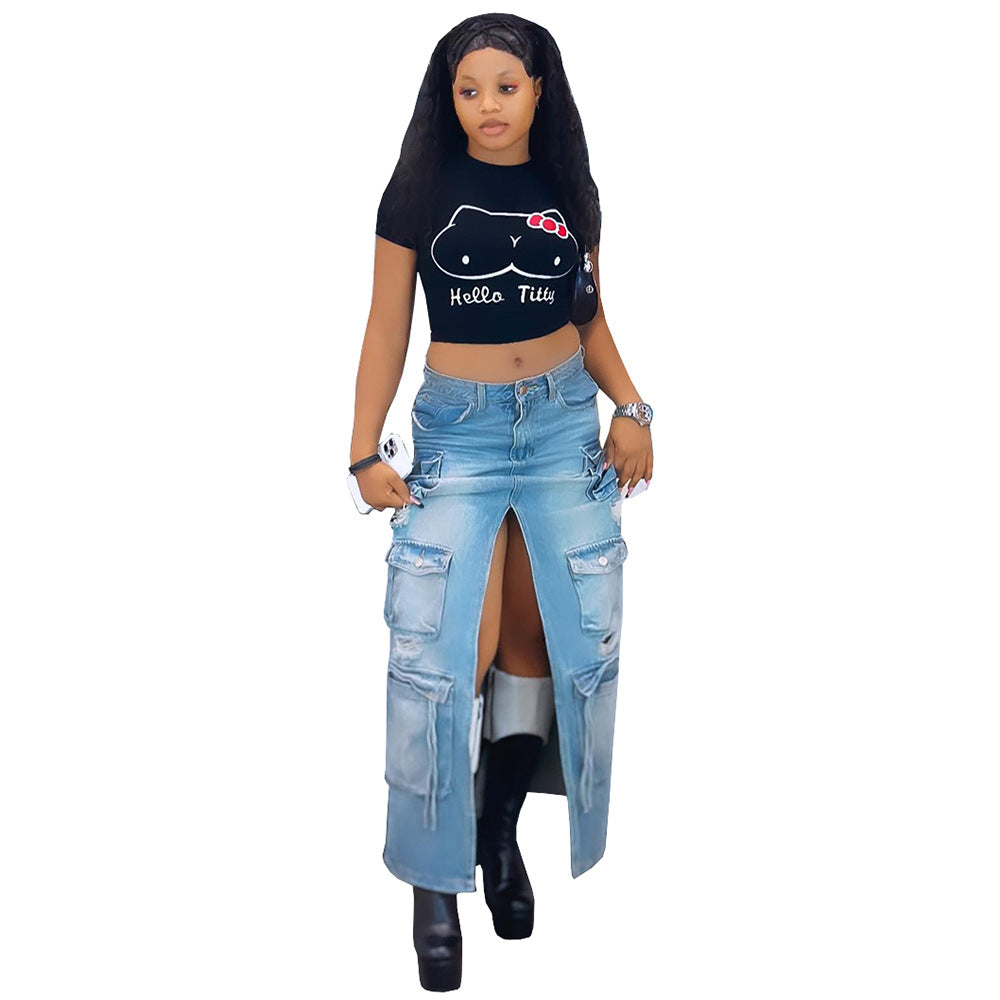 Women's High-Waisted Denim Skirt with Slit Multiple PocketsFashionable and Stylish Casual Midi Skirt