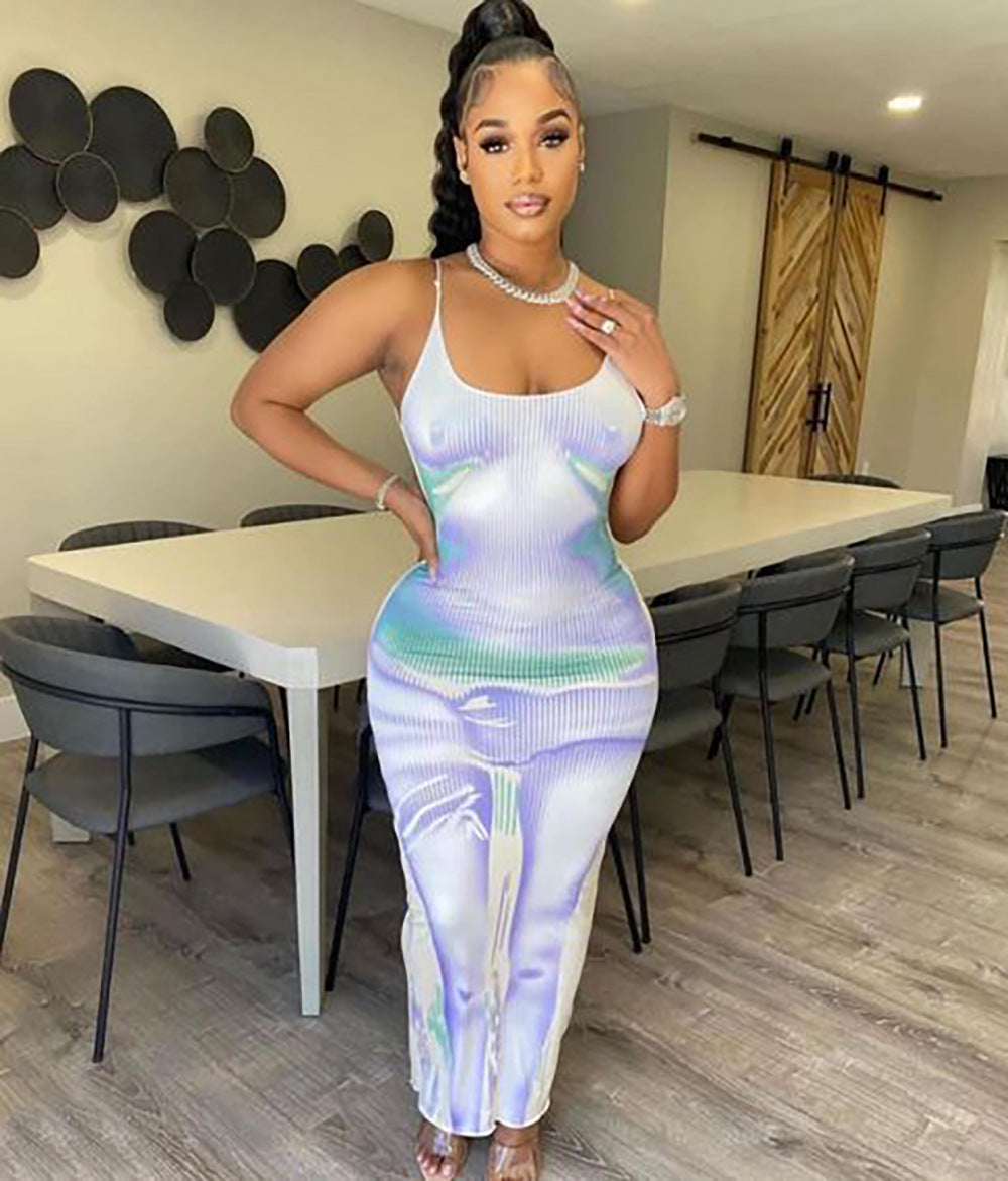 Fashion Sexy Printed Backless Strap Dress Women Long Dress