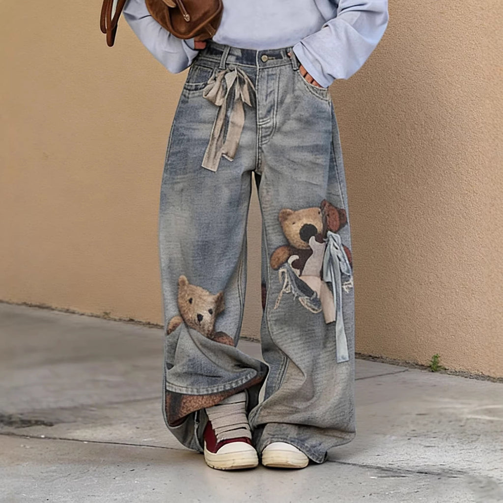 Jean imprimé illusion 3D ours et nœud femme