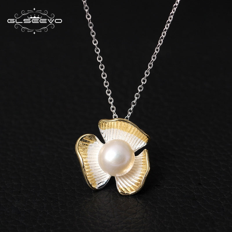 GLSEEVO 925 Sterling Silver Natural White Pearl Pendant Necklace Three Lerf Link Chain Necklace Kolye Bayan Bijoux Femme GN0011