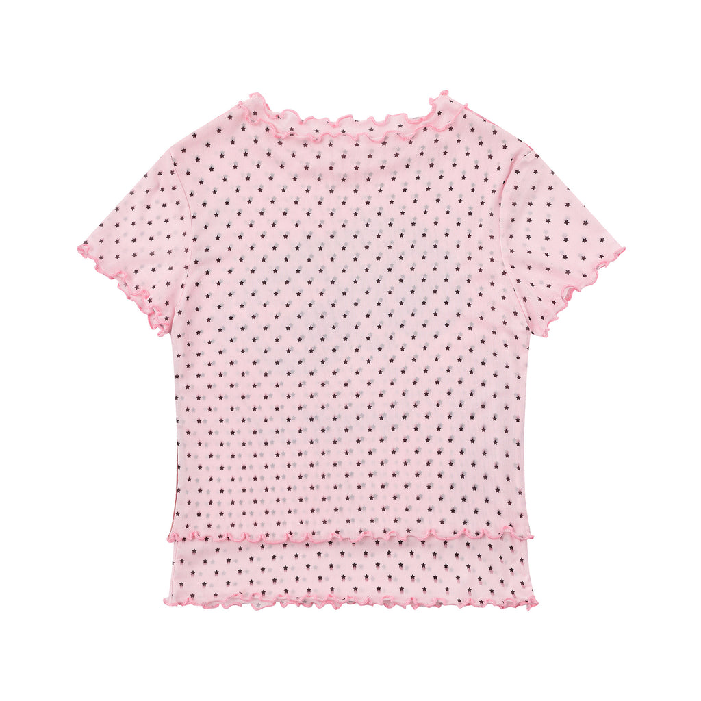 Sweet Style Cartoon Graffiti T-Shirt Color-Blocked Grid Ruffle Fitted Top