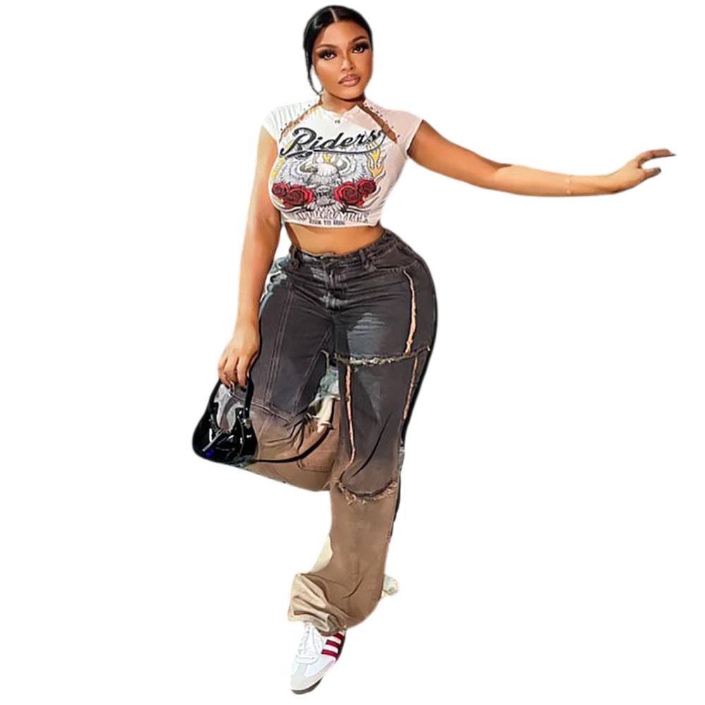 Jean dégradé patchwork coloré streetwear femme