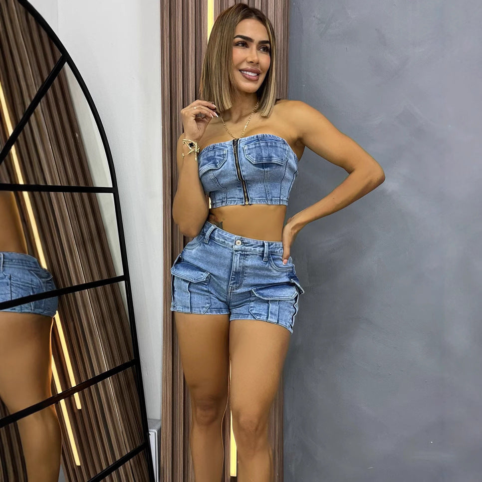 Western Women's Jeans Set Fashion Sexy Crop Top with Multiple Pockets Shorts