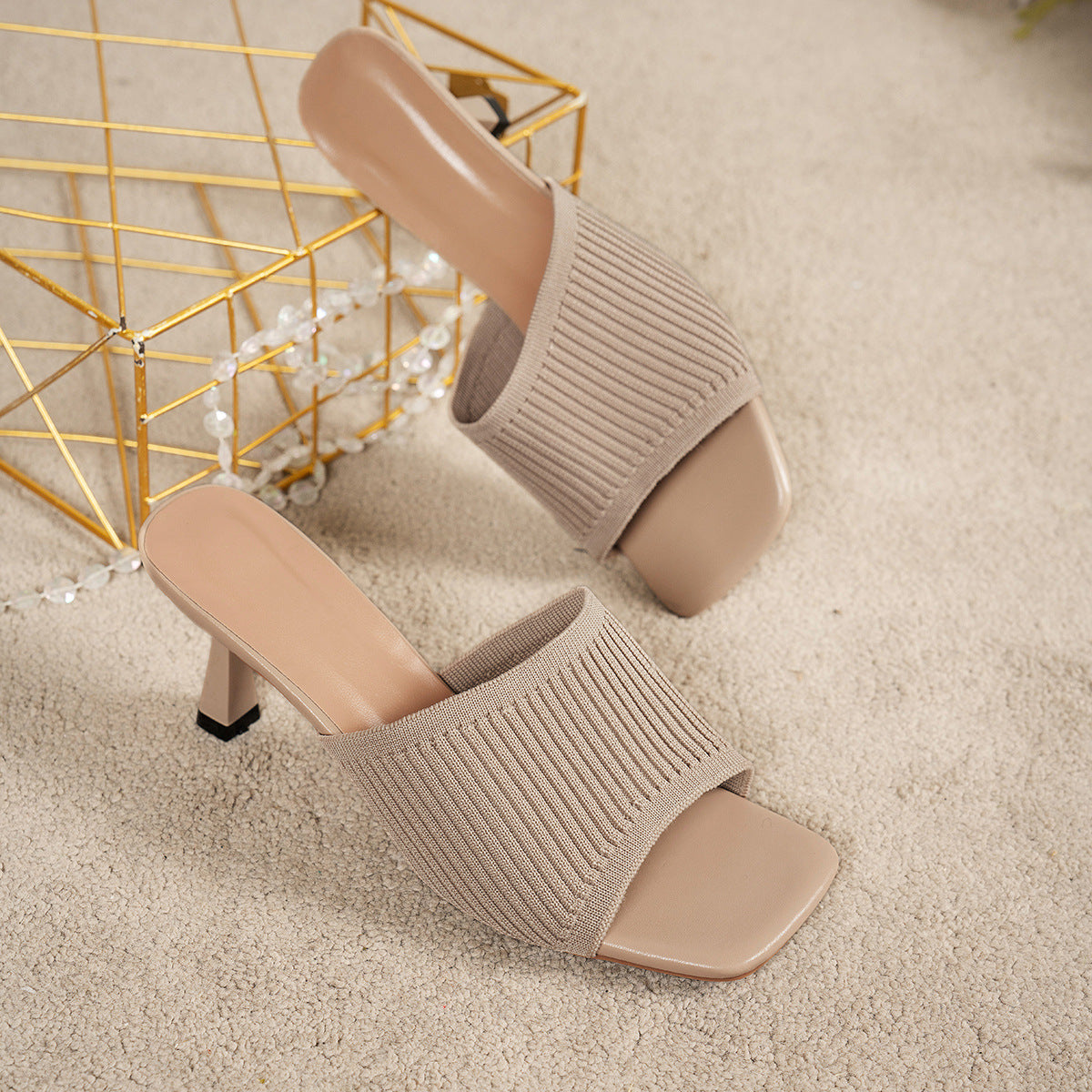 European and American Style Women's Large Size High Heel Sandals Pure Color Thick Heel Square Toe Knitted Wide Strap One-Word Sandals