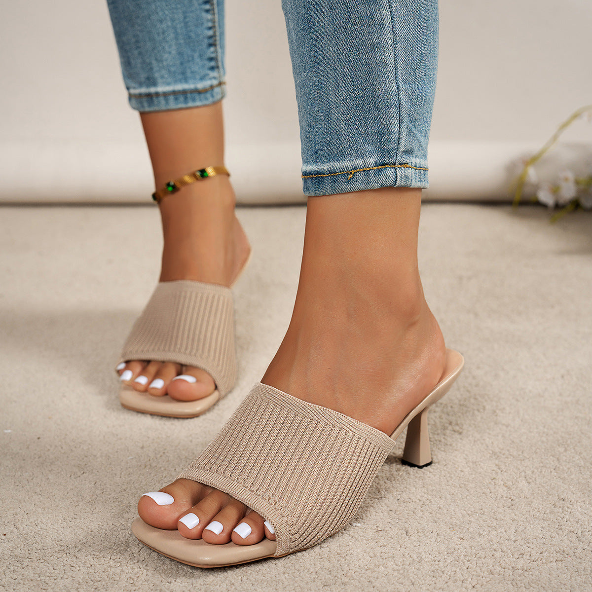 European and American Style Women's Large Size High Heel Sandals Pure Color Thick Heel Square Toe Knitted Wide Strap One-Word Sandals