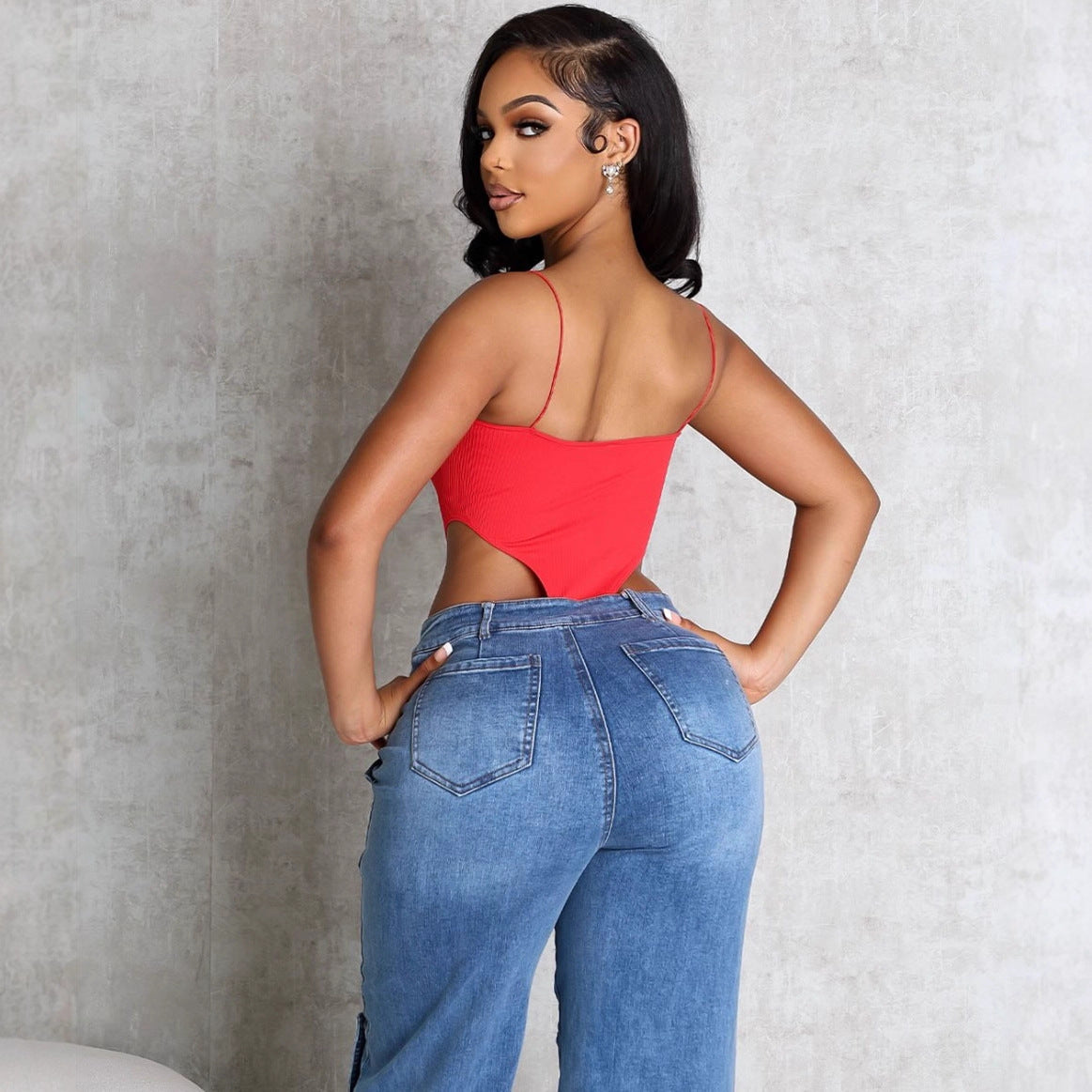 Women's Denim Straight Leg Pants, Autumn Winter Fashion Washed Button Patch High Waist Long Trousers