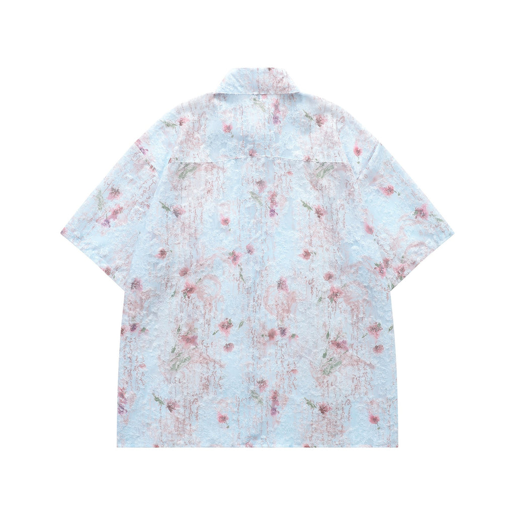Chemise jacquard floral col rabattu manches courtes femme