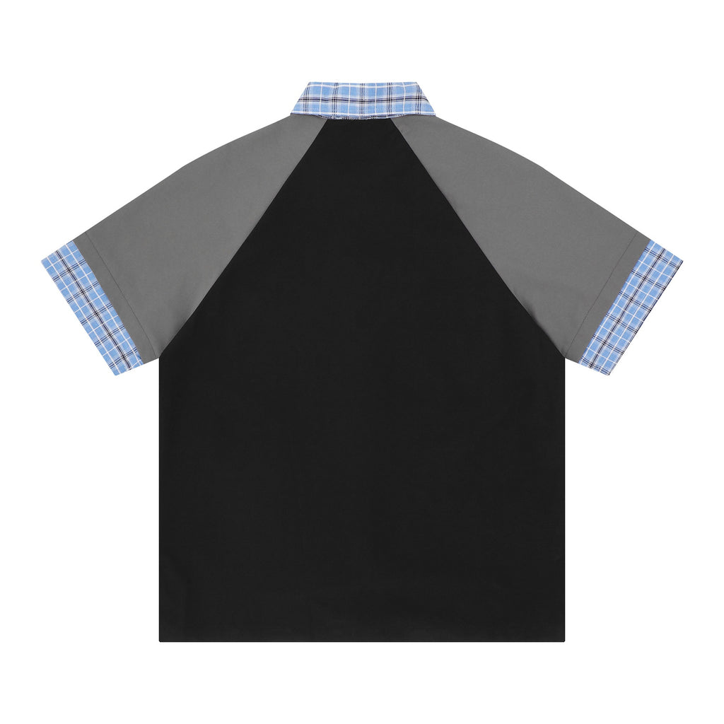 Embroidered patchwork checkered short sleeved shirt