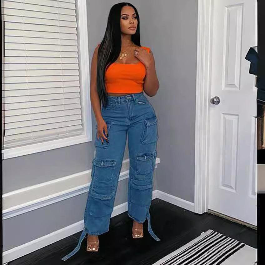 Style Women's Jeans Fashion Trendy Multi-Pocket Cargo Pants Plus Size African Jeans