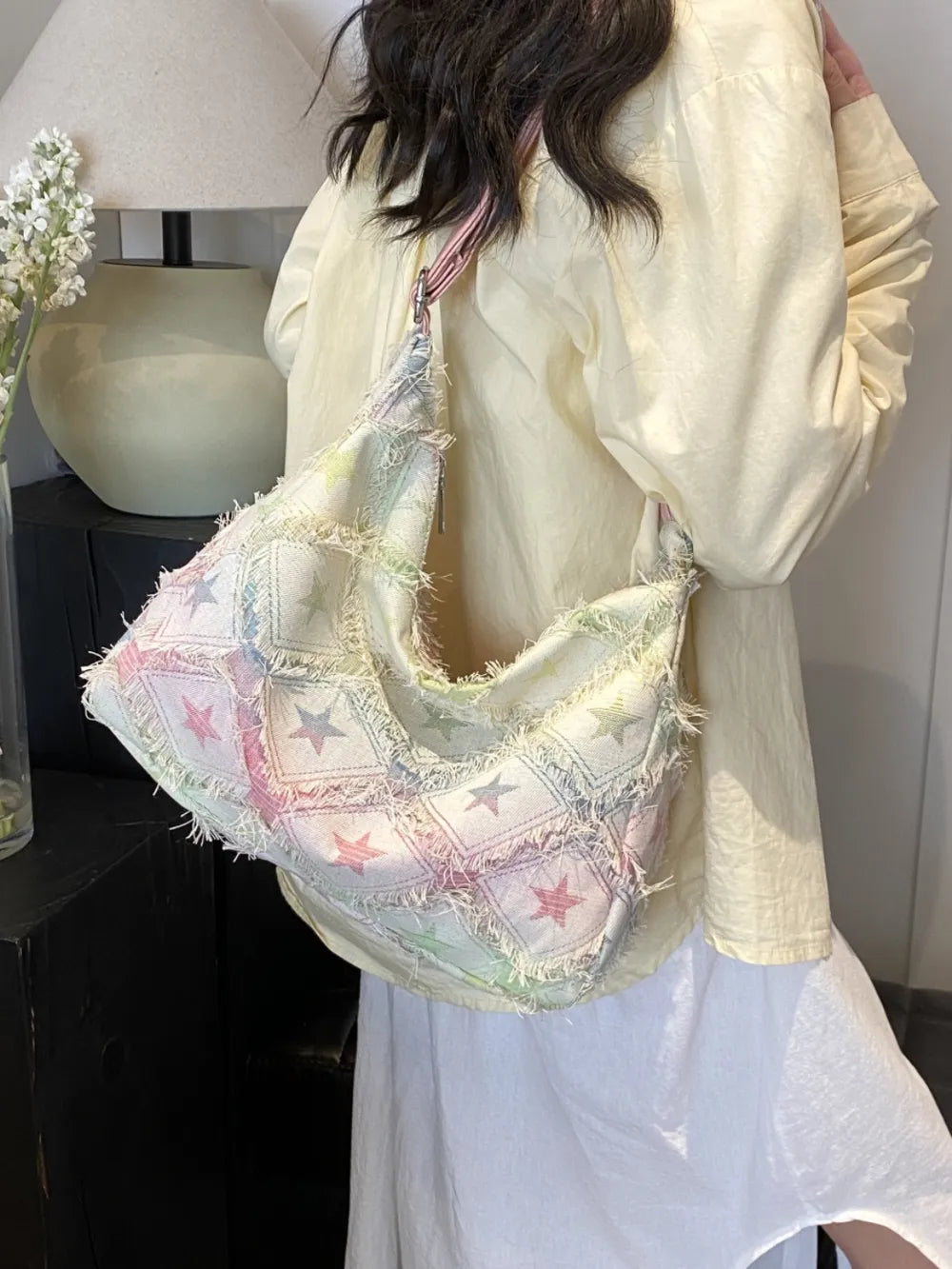Raw Hem Denim Shoulder Bag